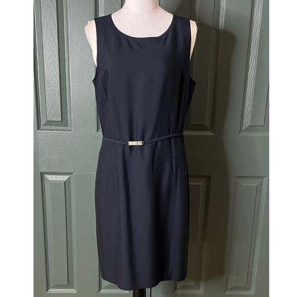 Ellen Tracy Pure Silk Sleeveless Belted Lined Sheath Women's Dress Navy Size 12 - Picture 1 of 9